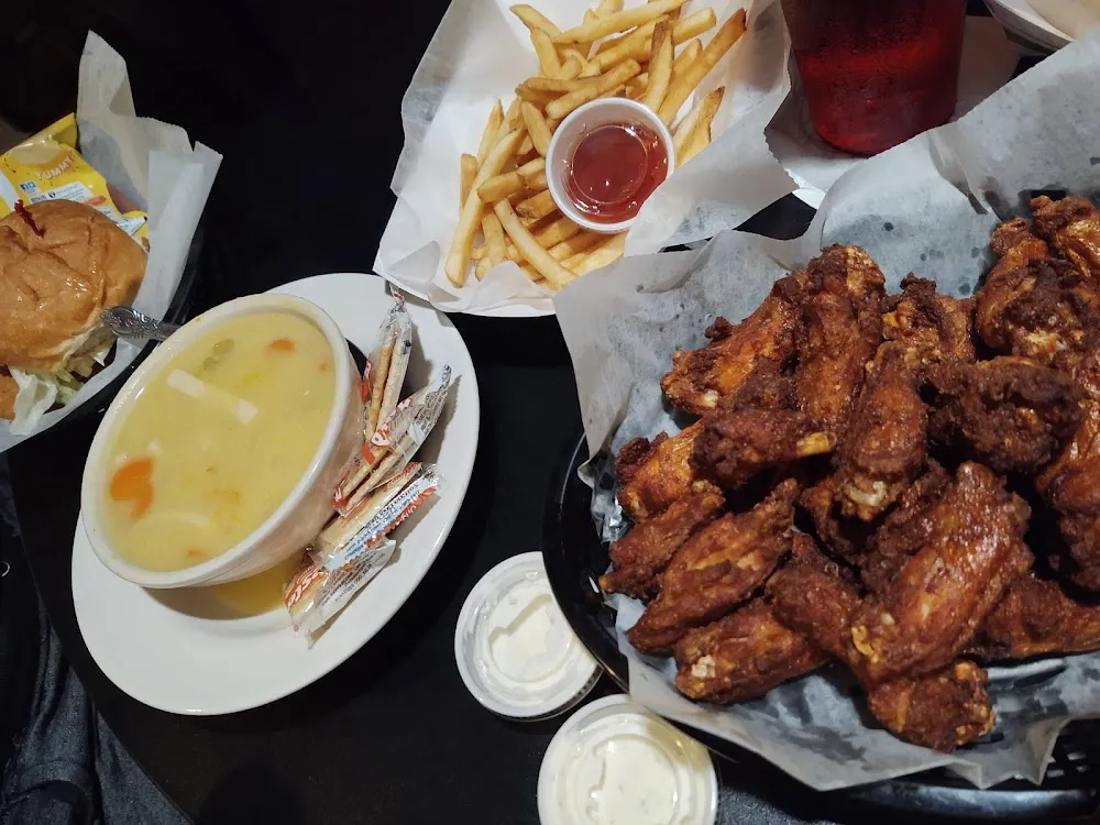 Wings Fries and Chicken Noodle Soup